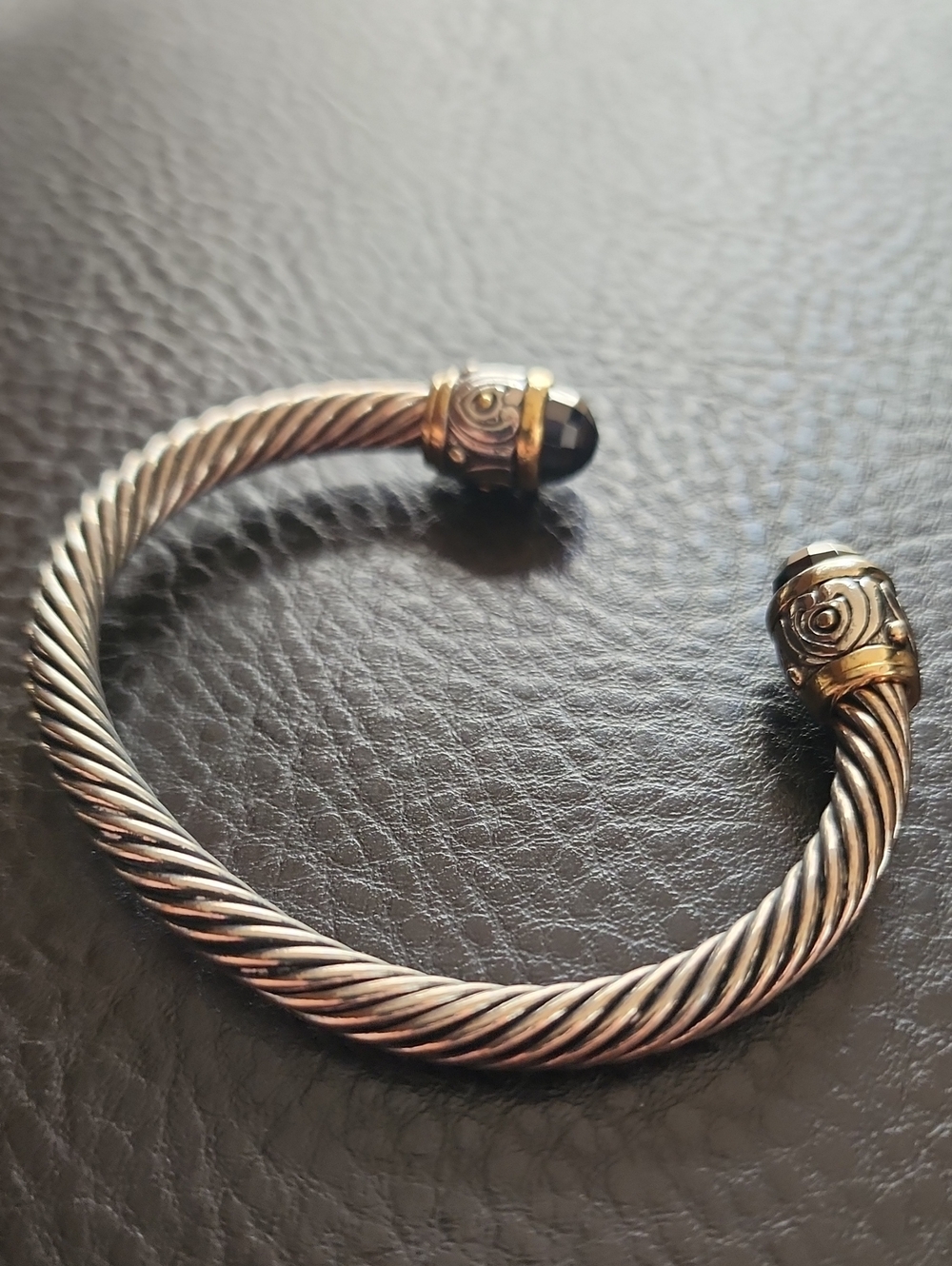 Two-Tone Twisted Cable Cuff Bracelet with Black Stone End Caps